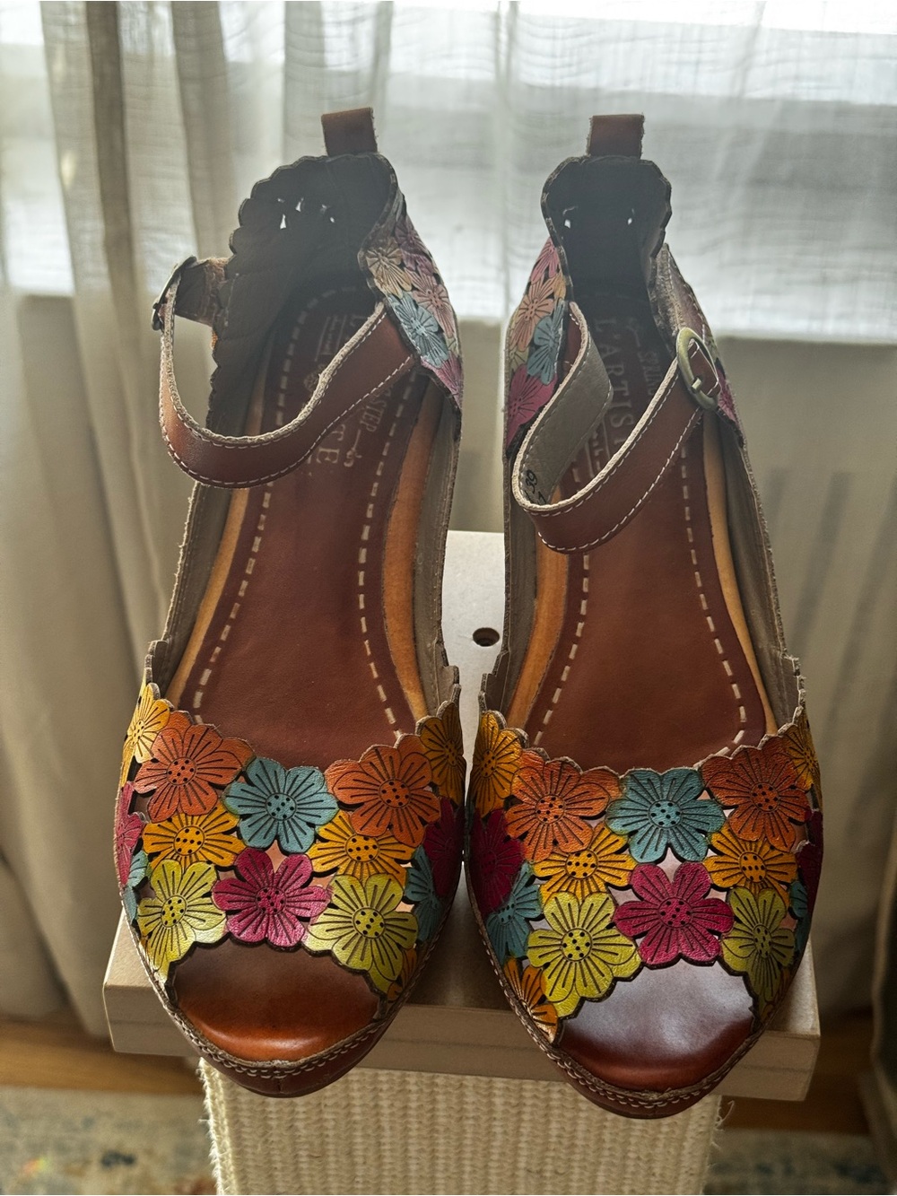 Brown Leather Floral Cutout Wedge Sandals with Multicolor Flowers